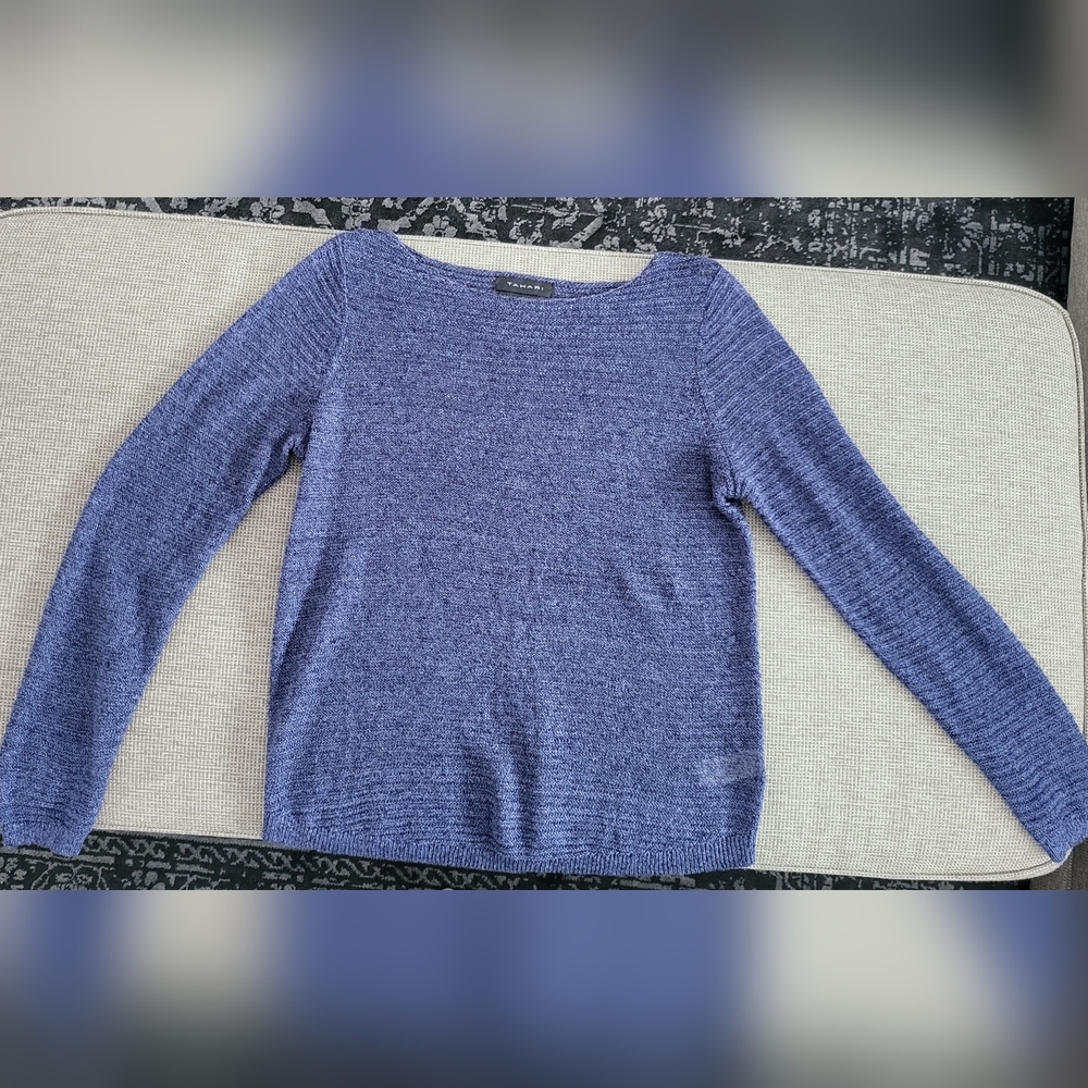 Tahari 100% Linen Boat Neck Knit Sweater Navy